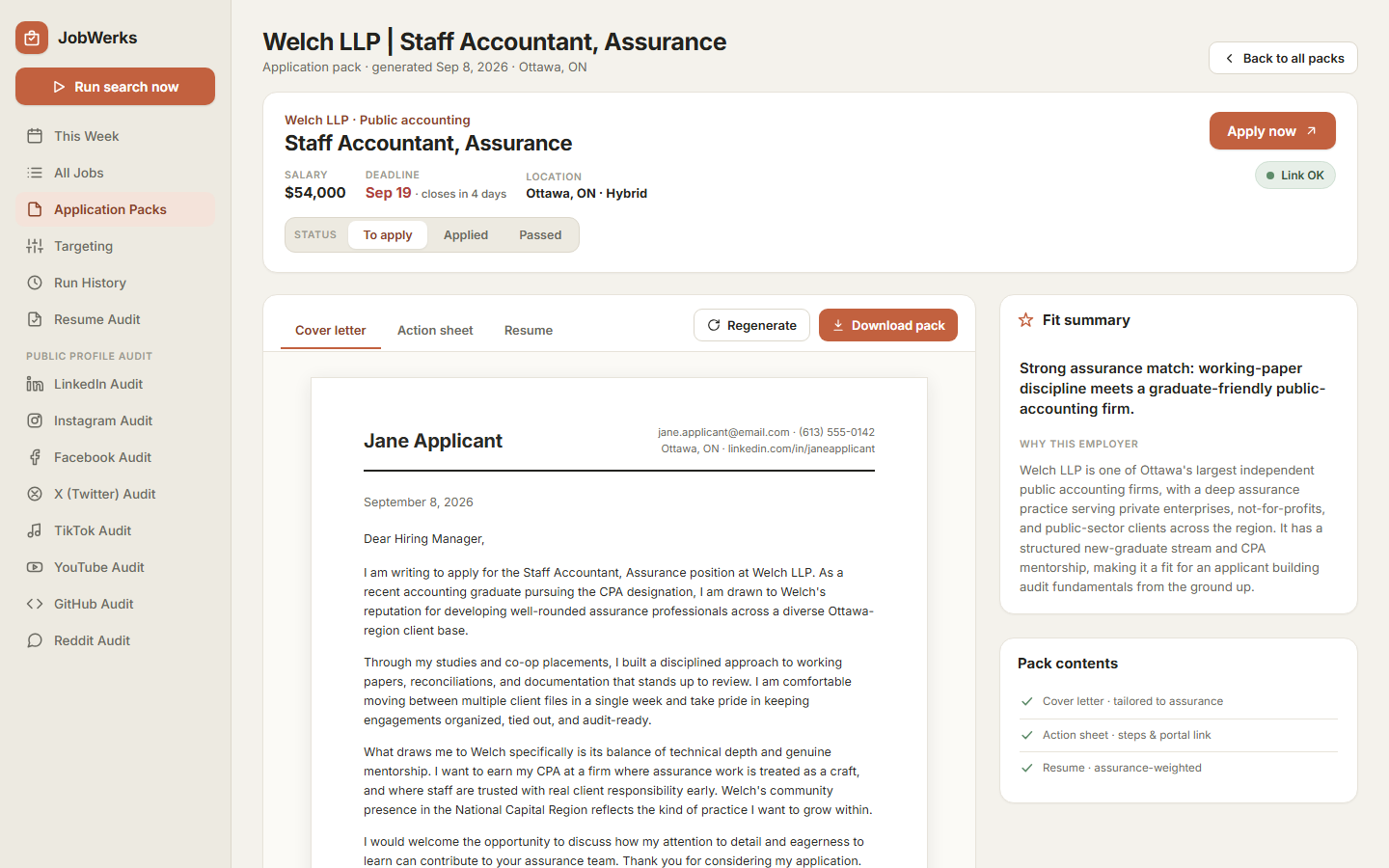 Design mockup of an Application Pack: the job header with salary, deadline, apply link and status control, a fit summary, and tabbed previews of the cover letter, action sheet and resume with a download button
