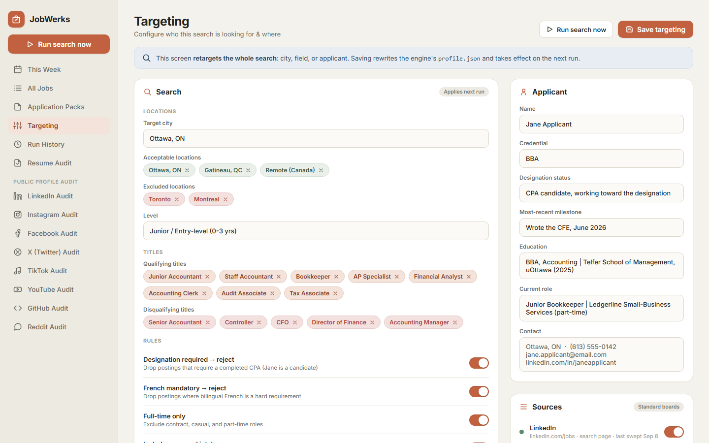 Design mockup of the Targeting editor: applicant details, target city, acceptable and excluded locations as chips, qualifying and disqualifying titles, the rules toggles, and the job-board list with per-source enable switches
